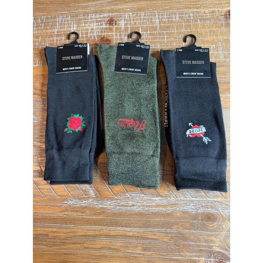 NWT Steve Madden Mens‎ Crew Socks 3 LOT Black Olive Green Rose Mom Hustle 6-12.5